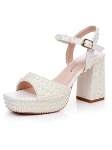 Giày sandal đế vuông cao 10cm, giày cao gót hở mũi, giày cưới màu trắng sữa đính ngọc trai, giày sandal dự tiệc, giày cao gót bất đối xứng, giày sandal cao gót thanh lịch dành cho phụ nữ ngoại cỡ. - Màu be - Xem 2