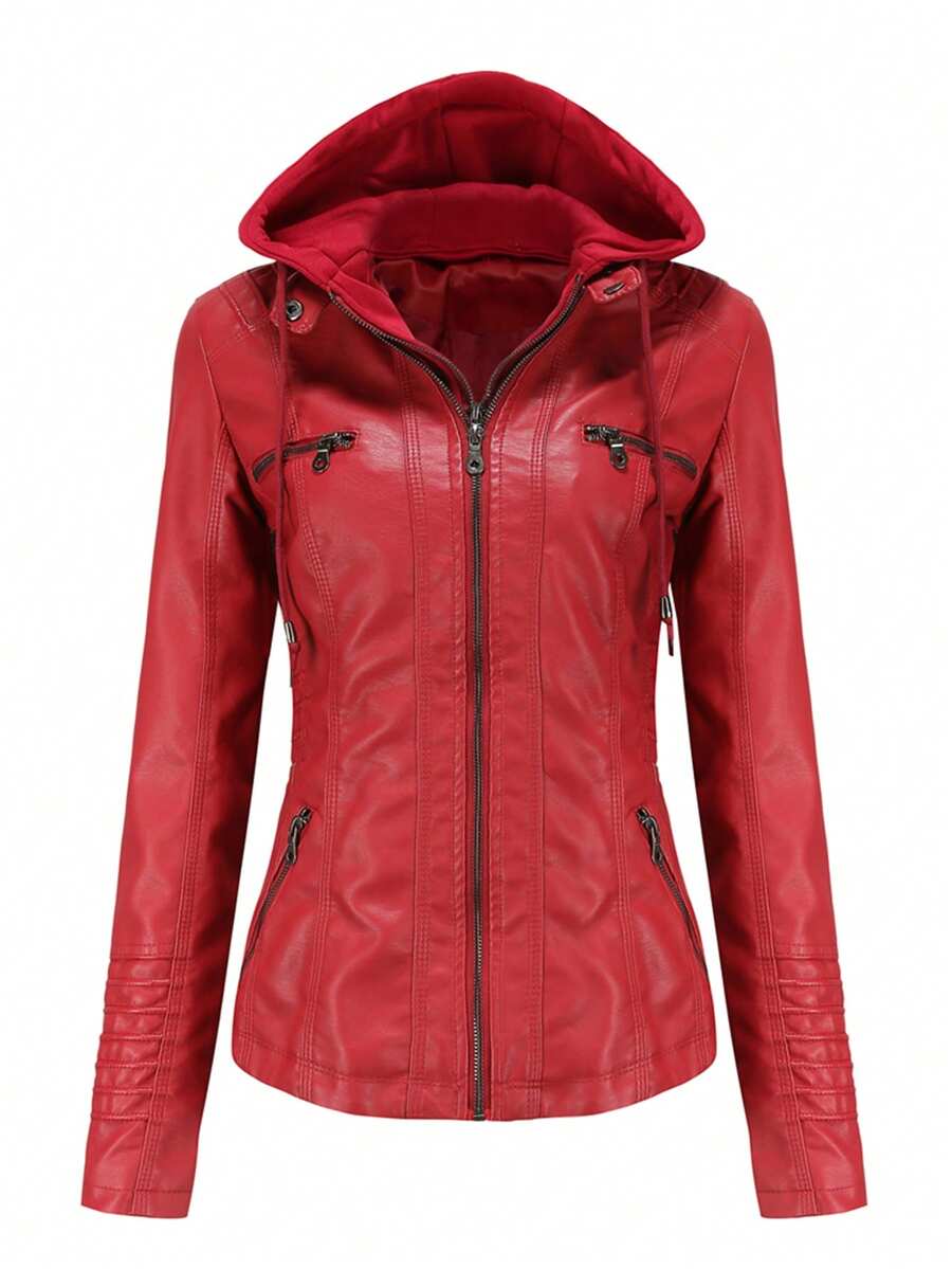 Women's Detachable Hood Faux Leather Jacket