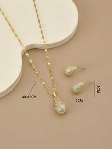 1 chiếc vòng cổ trang sức sang trọng bằng thép không gỉ hình giọt nước đính đá Rhinestone hoàn toàn thời trang dành cho nữ, 1 đôi bông tai trang sức sang trọng bằng thép không gỉ hình giọt nước đính đá Rhinestone hoàn toàn thời trang dành cho nữ - Vàng - Xem 9