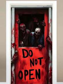 1pc Horror Zombie Theme Door Curtain, Red Door With "DO NOT OPEN" Text, Scary & Realistic Zombie Graphic, Blood Splatter Decor, Made Of Polyester, Suitable For Halloween Decor, Escape Room Setting, Horror Party & Haunted House Atmosphere