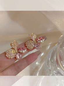 女士高端粉晶珍珠花朵耳钉，法式复古奢华优雅时尚百搭耳环