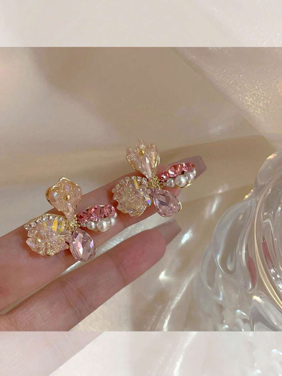 女士高端粉晶珍珠花朵耳钉，法式复古奢华优雅时尚百搭耳环
