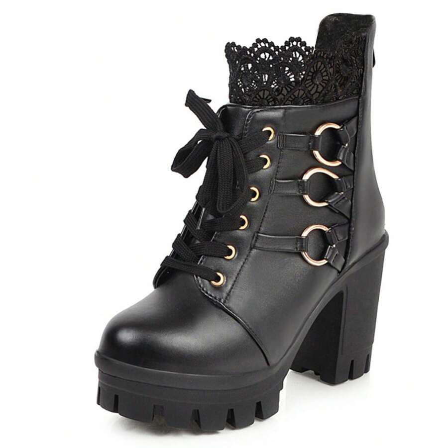 Goth Chunky Platform Boots For Women High Heel Black Ankle Booties Rivets Punk Combat Boot Shoes - Black1 - 查看 1
