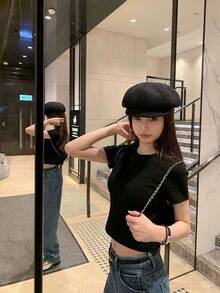 女士短袖纯色休闲T恤，夏季黑色 - 黑色 - 查看 6