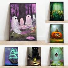 1 件/3 件墙面艺术海报可选框架/带框万圣节幻想艺术可爱鬼魂艺术海报印刷品适用于画廊客厅家居装饰黑暗万圣节帆布画墙面艺术画礼物 - 彩色 - 查看 2