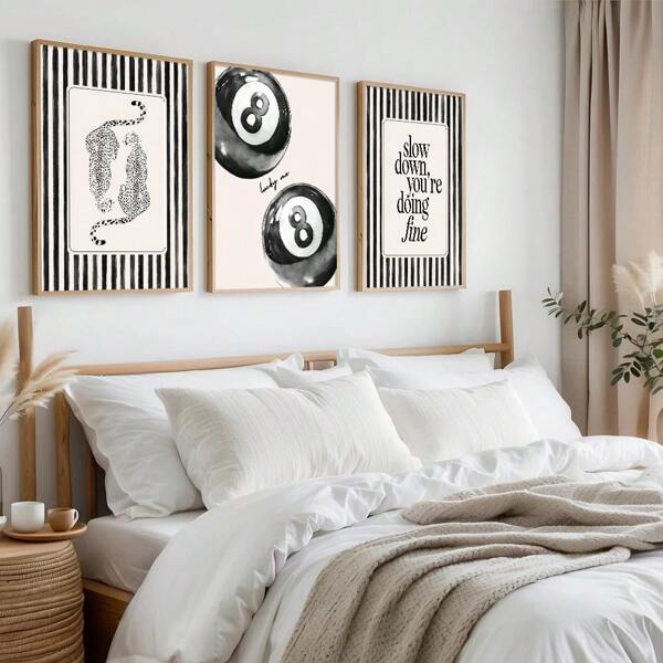 Set de 3 carteles sin marco de lienzo con impresión de pintura maximalista, con motivos de raya negra y blanca de guepardo, bola de billar con suerte, cita de "cálmate", para decoración del dormitorio, sala de estar, habitación, hogar moderno