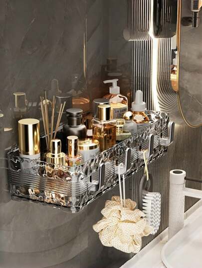 High-Definition PP Material Wall Shelf + Hooks, Lightweight Luxury Fashion, Used For Makeup Storage, Bathroom Storage, Wall-Mounted Bathroom Shelf, Storage, Bathroom Supplies, Easy Installation (With Hooks)