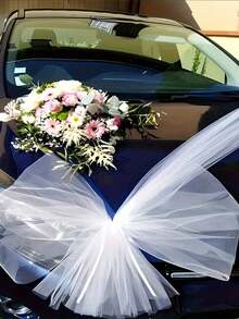 Luxurious White Wedding Car Decorative Fabric With Transparent Mesh, Polyester Floral Arch For Wedding, Party, Christening And Themed Events, Wedding Accessories, Elegant Decor, Wedding Car Rearview Mirror Decor, Wedding Car Decoration