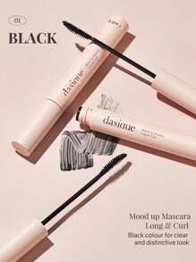 Dasique Máscara Mood Up Larga y Rizada #01 Negro, Fibra súper alargadora para un efecto de longitud y rizado uniforme, fórmula voluminizadora, alargadora, definidora, rizadora, multiplicadora, resistente al agua y a las manchas, vegana, K-Beauty, maquillaje coreano, 7.5g/0.26oz