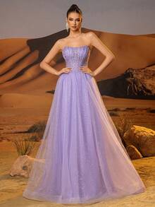 Strapless Sparkly Lace Embroidery Prom Gown With Boned Tulle Corset Glitterin Hem Homecoming Dresses A Line Long Elaborate Lace Sequin Party Ball Gown - 淡紫色 - 查看 1