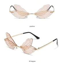 1 pieza Gafas sin montura con cristales de fantasía, diseño sin montura inspirado en alas de libélula, apropiadas para vacaciones, viajes, playa, fiestas