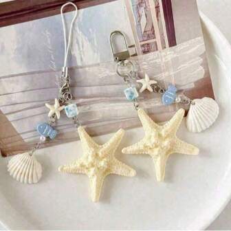 Llavero con forma de estrella de mar y concha de estilo natural y oceánico, accesorio versátil para teléfono, bolso, vacaciones, playa, accesorios de playa, bolsa de playa, mochila, decoración