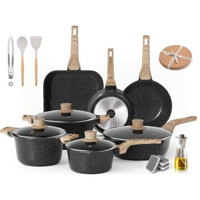  Set di pentole e padelle per induzione RIOVARM con coperchi, rivestimento antiaderente in granito, set di pentole con griglia, set di utensili da cucina essenziali, padella, casseruola, padella per saltare, casseruola, spatola