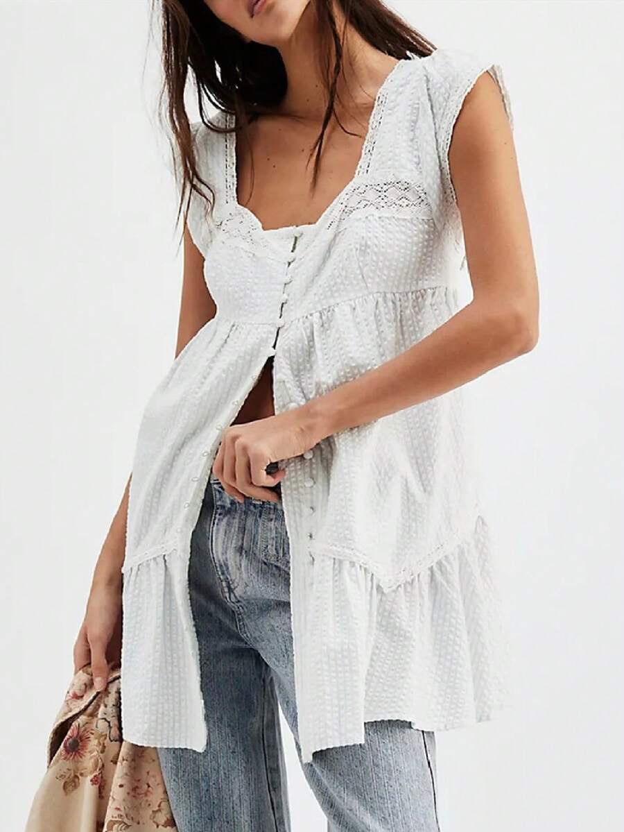Women Puff Sleeve Short Babydoll Dress Square Neck Flowy Mini Dress Floral Ruffle A Line Summer Sundress - trắng - Xem 1