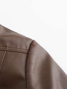 女式短款仿皮夹克，薄款立领女士 PU 皮大衣，春秋 - 咖啡棕 - 查看 6