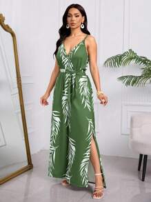 Mono De Tirantes Con Estampados Tropicales Para Dama, Mono De Pernera Ancha Con Abertura Hasta El Muslo