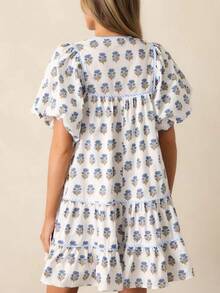 Women V Neck Floral Print Short Dress Summer Slim Fit Short Sleeve Y2K Striped Casual A Line Dresses With Pockets Aesthetic Clothes Beach Streetwear - 藍色 - 查看 2