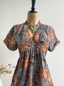 Rusttydustty Women's Retro Print V-Neck Loose Short Dress - Green - View 5