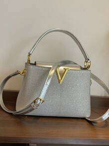 New Fashion Women's Handbag, Solid Color Minimalist PU Texture Pattern, Elegant V-Shaped Metal Hardware, Suitable For Dates, Shopping, Parties, Versatile & Exquisite Design