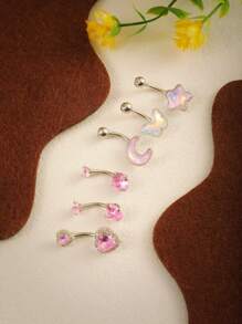 6pcs Y2K Baddie Combo - Butterfly/Star Moon Multielement, Colorful Zirconia, Hypoallergenic Adjustable Bar, Pure Style Belly Button Rings, Music Festival & Beach Party Accessories