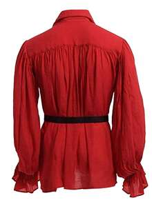 Retro Men's Shirt, Ruffle Lace Up V Neck Long Sleeve Solid Color Cosplay Prince Drama Stage Costume - Red - View 2