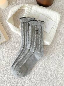 1 Pair/6 Pairs Women Calf Socks With Braided, Bow, Embroidered Patterns, Retro Fashion Versatile Wool Socks, Warm And Windproof, Suitable For Autumn/Winter Daily Wear