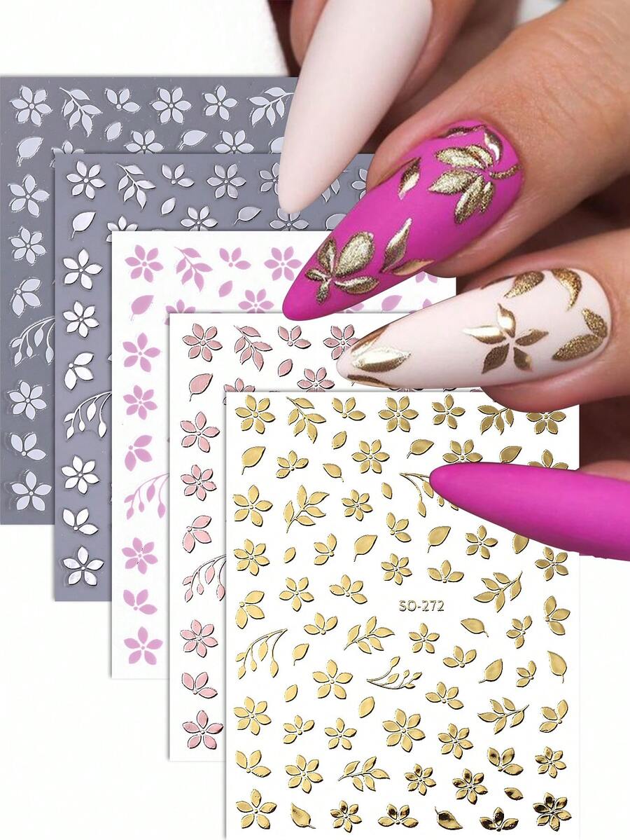 古铜色小花叶指甲贴，香槟金银白粉色小花秋叶指甲贴DIY自粘指甲贴，美甲装饰技巧，美甲配件工具，沙龙美甲用品 - 彩色 - 查看 1