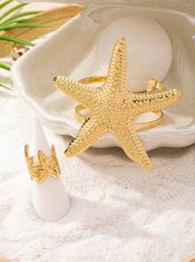 1 set de bracelet ouvert géométrique en forme d'étoile de mer et 1 bague ouverte en forme d'étoile de mer, convenant pour un port quotidien et pour les vacances pour femmes