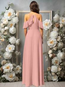 Volly Toych Baby Pink Autumn Outfits A-Line V-Neck Floor-Length Pleated Chiffon Elegant Formal Bridesmaid Dress,Wedding Guest Dress
