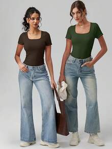OQQ Women Bodysuits Ruched Short Sleeve Square Neck Stretch Lounge Travel Bodysuits - 棕色 - 查看 4