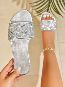 1 Pair Fashionable Minimalist Teenager Slippers, New Style Strap Sandals With Rhinestone Decor, Versatile Casual Open-Toe Slides, Suitable For Beach, Casual Daily Wear