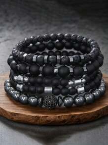 Set de 5 piezas de pulseras elásticas apilables negras hechas a mano con cuentas, joyas de moda para hombre y mujer de estilo punk gótico brillante para fiestas, vacaciones y regalos