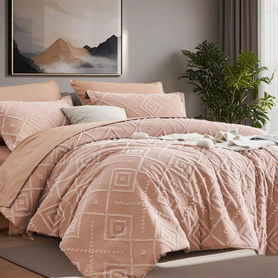 7 Pieces Tattered Style Tufted Style Bed Comforter Set, Soft And Comfortable Summer Bedding Set, Hotel Room Decor, Suitable For All Seasons, Vacuum - Compressed Wrapping, Including 1 Comforter, 1 Flat Sheet, 1 Fitted Sheet, 4 Pillowcases. - Pink-b008 - View 1