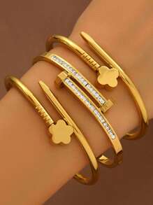 3pcs Stainless Steel Golden Bracelet Set 18K Vacuum Electroplating, Not Easy To Fade, Inlaid With Zirconia, Suitable For Daily Wear, Fashionable And Elegant Ladies' Bracelet Set Jewelry Gold Jewelry Jewelry Women Bracelets Accessories Women Stainless Steel Jewelry Bracelets For Women Western Jewelry