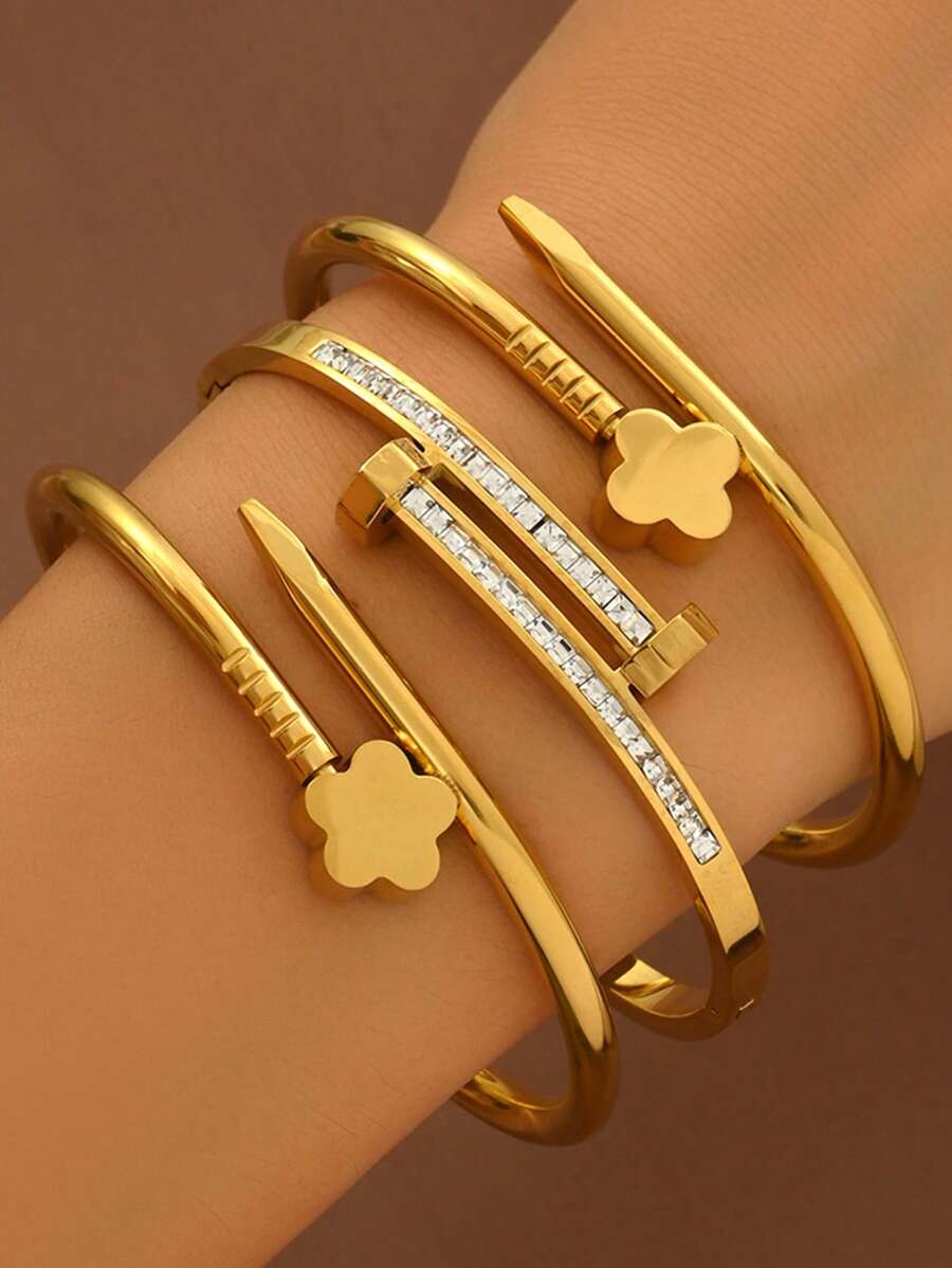 3pcs Stainless Steel Golden Bracelet Set 18K Vacuum Electroplating, Not Easy To Fade, Inlaid With Zirconia, Suitable For Daily Wear, Fashionable And Elegant Ladies' Bracelet Set Jewelry Gold Jewelry Jewelry Women Bracelets Accessories Women Stainless Steel Jewelry Bracelets For Women Western Jewelry