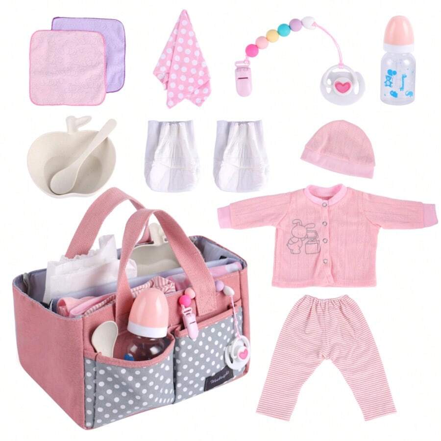 DreamyDolly 8 Pcs Baby Doll Accessories, Reborn Baby Dolls Clothes With Bassinet For Baby Dolls, Outfit Fit Newborn Babies Doll , Babies Pretend Play Set (Not Doll)  Christmas Decoration Christmas Gift - 淺粉色 - 查看 1