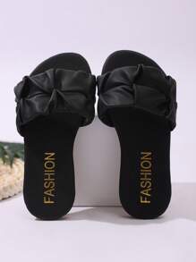 1 Paio di Sandali Piatti in Pelle PU Morbida Nera a Punta Tonda a Forma di Bocca di Pesce, Graziosi Sandali Romani da Spiaggia Adatti per Bambine Casual, Giornalieri, da festa, da Spiaggia, Estivi