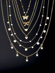7pcs Set Butterfly, Star, Heart, Geometric Circle Faux Pearl, Crystal Rhinestone, Tassel Pendant Multilayer Necklace Charm, Elegant, Vintage, Chic Design, Suitable For Holiday, Party, Daily Wear, Gift