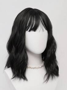 XYUNMI Retro Natural Black Short Curly Bob Wig 16 Inch With Bangs Water Wave Wig Easy To Care Breathable Fluffy Natural Women's Heat Resistant Synthetic Fiber Wig Suitable For Daily Wear Holiday Party Wig Cosplay Halloween Fashion Wig