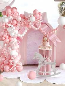 140pcs, Matte White Soft Pink Bow Babe Shower Party Confetti Aluminium Foil Balloon Decorative Set, Fantasy Pink Bow Theme Gender Reveal Party Background Aluminium Foil Confetti Balloon Decoration Arch Set, Perfect For Gender Reveal Party Newborn Party Room Wall Decoration Balloons - Pink Bow - View 3