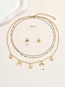 Set de 3 piezas de joyería con collar y aretes con forma de estrella y luna esmaltada, de acero inoxidable, estilo bohemio, adecuado para vacaciones, fiesta y eventos