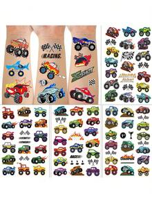 42 片装怪兽卡车主题派对用品临时纹身贴纸 - 金属质感 | 卡车、大型车辆、方格旗+火焰图案，色彩鲜艳明亮，适用于怪兽卡车 - 彩色 - 查看 5