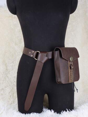 2PCs Medieval Vintage Belt Bag Set, PU Leather Belt With Belt Pouch, Renaissance Costume Accessories Waist Bag Coin Pouch Cosplay Props For Men Women Halloween