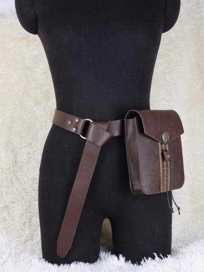 2 Stücke mittelalterlicher Vintage Gürteltasche Set, PU Leder Gürtel mit Gürteltasche, Renaissance Kostüm Accessoires Hüfttasche Münzbeutel Cosplay Requisiten für Herren Damen