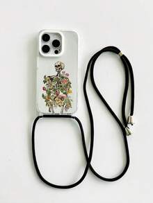 1 个骷髅、骨头、植物和树木图案透明挂绳外壳，带凸起镜头框架，内置挂绳孔，TPU 软壳，带 1 个可调节 4 毫米黑色挂绳带，适用于 15 Pro Max/15 Pro/15 Plus/11/12/13/14/15/16/16 Pro/16 Plus/16 Pro Max
