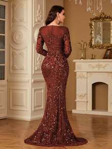 hezixi Đầm dạ hội dáng đuôi cá dài tay cổ tròn, chất liệu co giãn, đính sequin, phù hợp cho nhiều dịp tiệc tùng, lễ tốt nghiệp, đám cưới, sự kiện và tiệc chiêu đãi. Tiệc mùa xuân. - Rỉ Nâu - Xem 7