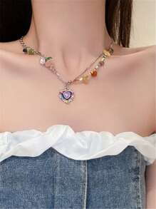 Color Bead Heart Necklace, Vintage Multicolored Stone Enameled Heart Pendant Necklace, Choker Necklace For Girls (Random Color/Placement)
