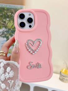 1pc Cute Comfortable Faux Pearl Double Heart Silver Letter Design Phone Case Compatible With Apple 16Pro Max/ Galaxy S24 Ultra, Infinix Smart 8/Infinix Hot 40i/Spark 20/Spark 20C/Spark Go 2024