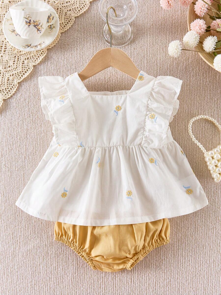 Baby Girls Floral Cap Sleeve Top And Solid Color Shorts 2-Piece Set, Summer - Yellow - View 1