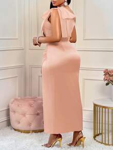 BIUBIU Vestido de satén de unicolor con abertura alta, hombros con lazo y drapeado para mujer talla grande, adecuado para fiestas, bodas, aniversarios y otras ocasiones, elegante para el verano en color rosa - Rosa - Ver 2